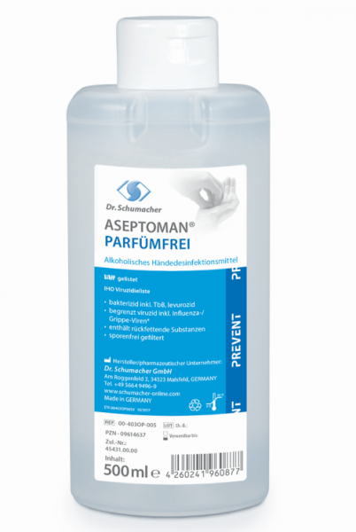 Dr. Schuhmacher Aseptoman Parfümfrei 500 ml Spenderflasche Alhoholische Händedesinfektions rückfettend