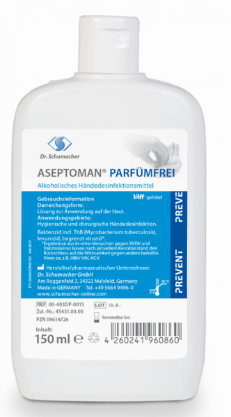 Dr. Schuhmacher Aseptoman Parfümfrei 150 ml Kittelflasche Alhoholische Händedesinfektions rückfettend