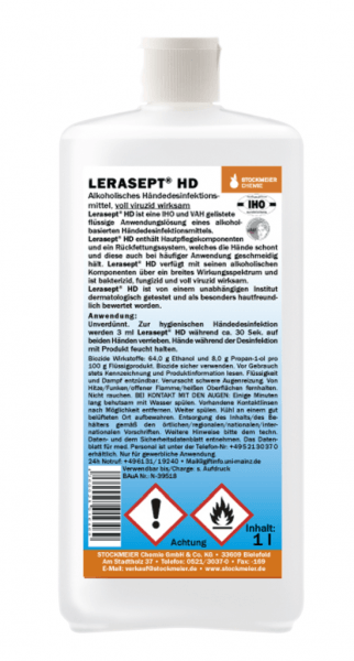 Lerasept® HD 1 Liter Flasche Alkoholisches Händedesinfektion,Hautpflegekomponenten Anwendungslösung voll viruzid