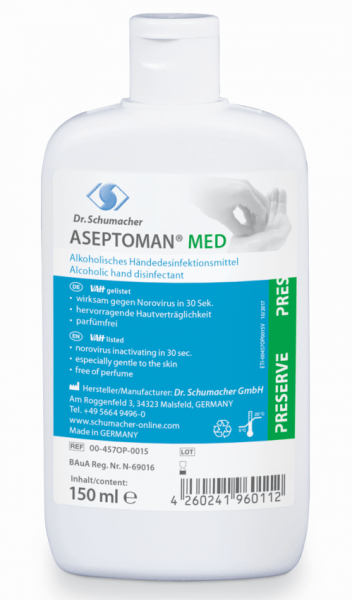 Aseptoman Med 150 ml Kittelflasche Alkoholisches Händedesinfektionsm. rückfettend Dr. Schumacher